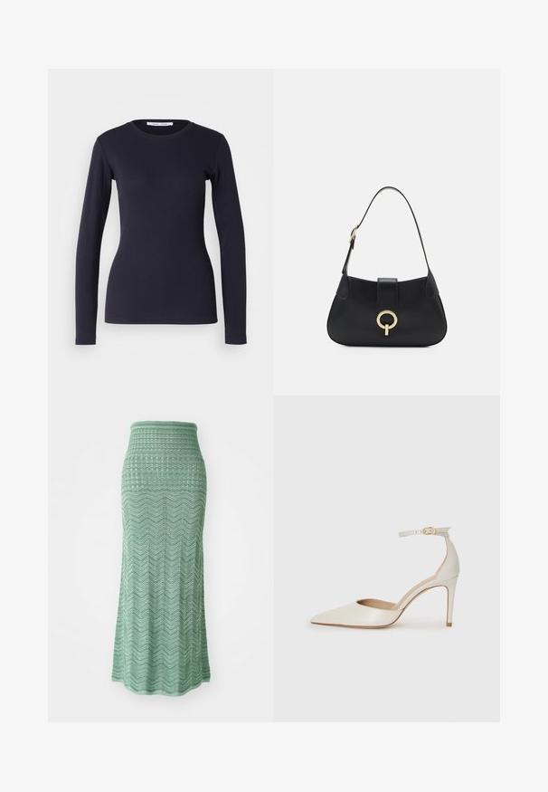 Tricou cu mânecă lungă de culoare bleumarin, realizat din bumbac moale. Are un guler rotund, o croială ajustată și o textură ribsată. Design simplu și de culoare solidă.; sandro Fustă maxi - menthe à l'eau; Pantofii înalți din piele albă, cu vârf ascuțit, curea la gleznă și toc subțire de tip stiletto. Textură netedă cu un finisaj subtil lucios.; Geantă din piele neagră cu o silueta curbată, curea scurtă, accesorii centrala de nuanță aurie și textură netedă. Fără modele sau accente vizibile.