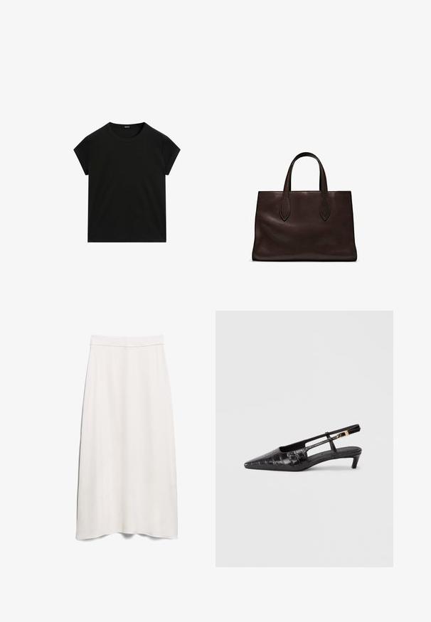 T-shirt noir à manches courtes, col rond, avec un ourlet droit, présenté à plat sur un fond blanc.; Jupe A-line blanche en tissu lisse, dotée d'une taille haute et d'un design long jusqu'au sol avec un tombé subtil.; Chaussure noire en cuir à bout pointu, type slingback, avec une texture crocodile, petit talon empilée et une sangle ajustable avec détail de boucle métallique.; Sac tote en cuir marron avec deux poignées allongées, forme rectangulaire structurée, texture lisse et détails de couture subtils.