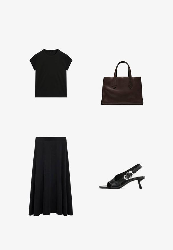 Schwarzes kurzärmeliges T-Shirt mit Rundhalsausschnitt und geradem Saum, flach auf einem weißen Hintergrund präsentiert.; Schwarzer, fließender A-Linie-Rock aus weichem Stoff mit elastischem Taillenbund und glatter Textur, entworfen für angenehmen Tragekomfort.; Schwarzer Leder-Slingback-Schuh mit offener Spitze, der eine silberne ovale Schnalle am Riemen und einen schlanken Blockabsatz aufweist. Glatte Textur.; Braune Ledertasche mit zwei langen Griffen, strukturierte rechteckige Form, glatte Textur und dezente Nähdetails.