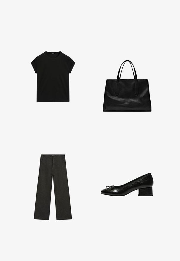 Czarna, krótka koszulka z okrągłym dekoltem i prostym dołem, wyeksponowana na płasko na białym tle.; Szerokie czarne dżinsy z średnim stanem, z dwiema przednimi kieszeniami oraz czystym, minimalistycznym designem bez widocznych ozdób.; Czarne lakierowane czółenka z zaokrąglonym noskiem, małym słupkowym obcasem i kokardką z przodu. Gładka faktura z błyszczącym wykończeniem.; Czarna skórzana torba typu tote z dwoma wydłużonymi uchwytami, o wyraźnej formie, gładkiej fakturze i minimalistycznym designie. Brak widocznych dodatków ani ozdób.