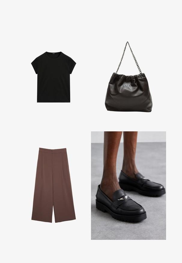 T-shirt nera a maniche corte con collo rotondo e orlo dritto, presentata in piano su uno sfondo bianco.; Pantaloni ampi marroni con una texture liscia, caratterizzati da una vita alta e pieghe frontali. Il tessuto è leggero e scorre liberamente.; Mocassini neri in pelle con punta arrotondata, caratterizzati da un'accento argentato sulla fascia e una suola spessa e strutturata per una maggiore aderenza.; Borsa in pelle marrone con parte superiore arricciata e tracolla a catena. Texture liscia con finitura lucida e dettagli di cucitura sottili sui lati.