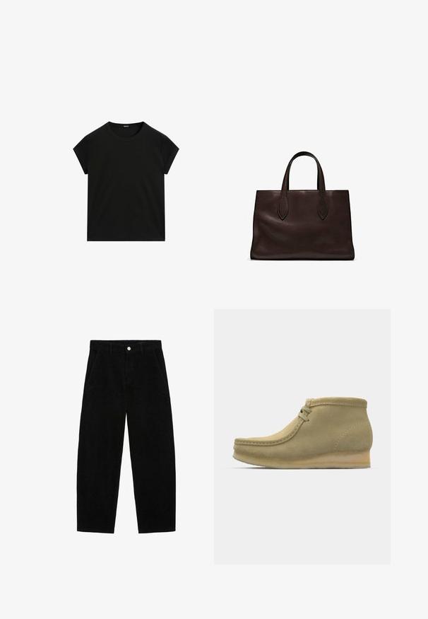Černé tričko s krátkým rukávem a kulatým výstřihem s rovnými lemy, vystavené na bílé ploše.; Černé kordové kalhoty s širokým střihem, vybavené bočními kapsami a předním zapínáním na knoflík. Textura je jemně vroubkovaná, což poskytuje měkký pocit.; Béžové semišové kotníkové boty s kulatou špičkou, minimálním prošíváním, malým podpatkem a šněrováním pro nastavitelné upevnění.; Hnědá kožená taška přes rameno s dvěma dlouhými uchy, strukturální obdélníkový tvar, hladká textura a jemné švy.