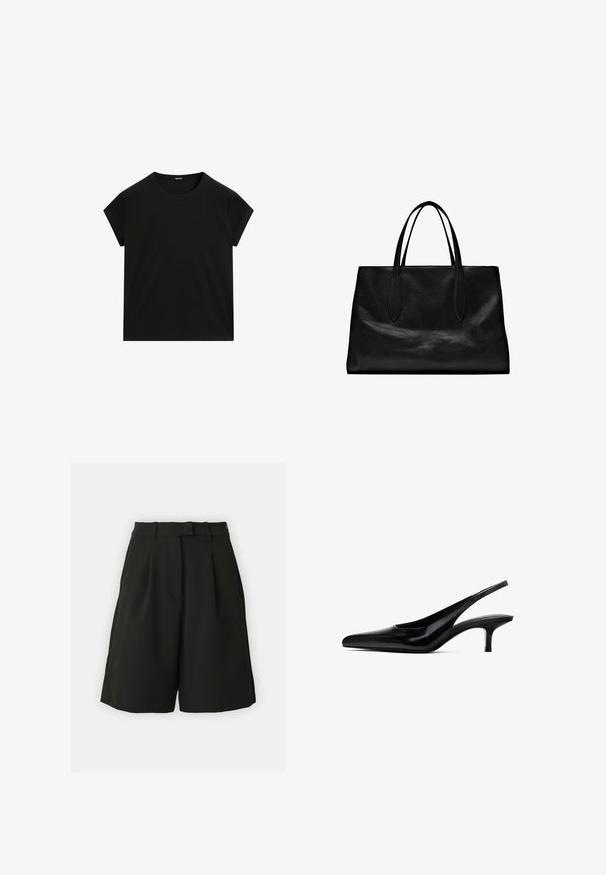 Black short-sleeve crew neck t-shirt with a straight hem, displayed flat on a white background.; Vero Moda Tall VMBECCA BERMUDA - Shorts - black; Black pointed-toe slingback shoe with a glossy leather finish and a thin, low heel. Features a cutout on the side for breathability.; Black leather tote bag with two elongated handles, a structured shape, smooth texture, and minimalistic design. No visible hardware or accents.