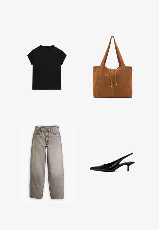 Svart kortärmad t-shirt med rund halsringning och rak fåll, visad liggande på en vit bakgrund.; Ljusgrå vida jeans med hög midja, fem fickor och framträdande sömmar. Har en urtvättad textur och rå kant i botten.; Svart spetsig slingback-sko med en glansig läderfinish och en tunn, låg klack. Har en utskärning på sidan för andningsförmåga.; Brun mockaläders toteväska med två långa remmar, dragsko-stängning och minimalistisk design. Slät textur och inga synliga metallaccenter.