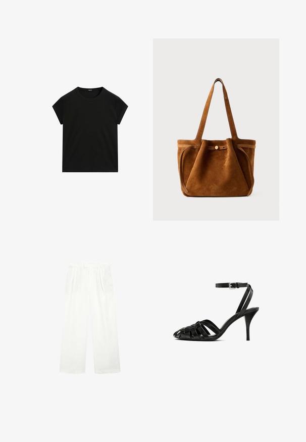 Schwarzes kurzärmeliges T-Shirt mit Rundhalsausschnitt und geradem Saum, flach auf einem weißen Hintergrund präsentiert.; Weiße, weite Hosen aus leichtem Stoff, mit flachem Vorderteil, Falten und einem Bund, die eine lockere, luftige Passform bieten.; Schwarze Lederplateau-Sandaletten mit einem Knöchelriemen, die über gewebte Riemen am Zehenbereich verfügt, eine glatte Oberfläche und eine spitze Zehenform aufweist.; Braune Wildleder-Umhängetasche mit zwei Griffen, einem Knopfverschlussriemen und einer entspannten, leicht schlaffen Form.