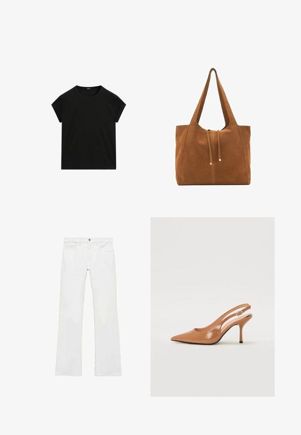 Svart kortärmad t-shirt med rund halsringning och rak fåll, visad liggande på en vit bakgrund.; Vita utsvängda jeans i ett mjukt bomullsmaterial, fem fickor, metallknappstängning och bälteshällor. Benen har en lätt förfining.; Tåspets slingback-häl i ett slätt, glansigt brunt material. Har en kurvad utskärning och en smal stilettklack. Silverdetalj med spänne.; Brun mockaläders toteväska med två långa remmar, dragsko-stängning och minimalistisk design. Slät textur och inga synliga metallaccenter.