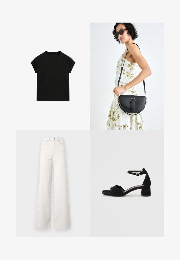 Czarna, krótka koszulka z okrągłym dekoltem i prostym dołem, wyeksponowana na płasko na białym tle.; ONLY Tall ONLHOPE beżowy; Czarne zamszowe sandały na obcasie z cienkim paskiem wokół kostki, otwartym noskiem i skromnym słupkowym obcasem. Gładka faktura i minimalne akcenty.; Czarna skórzana torebka o zakrzywionym kształcie, z odpinanym paskiem i złotymi akcentami. Torebka posiada klapę z zapięciem w kształcie klamry.