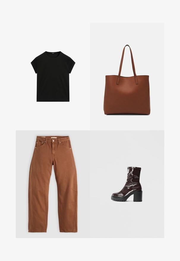 Svart kortärmad t-shirt med rund halsringning och rak fåll, visad liggande på en vit bakgrund.; Rostbruna raka jeans med fram- och bakfickor, metallnitar, knappstängning och bältesöggor, liggande platt på en vit bakgrund.; Glansig bordeauxfärgad ankelsko med en kraftig svart klack, som har en slät yta och enkel design. Inga synliga stängningar eller mönster.; Brun läder tote-väska med en slät textur, öppen toppdesign och två axelremmar. Har minimal söm och ingen synlig metalldetalj.