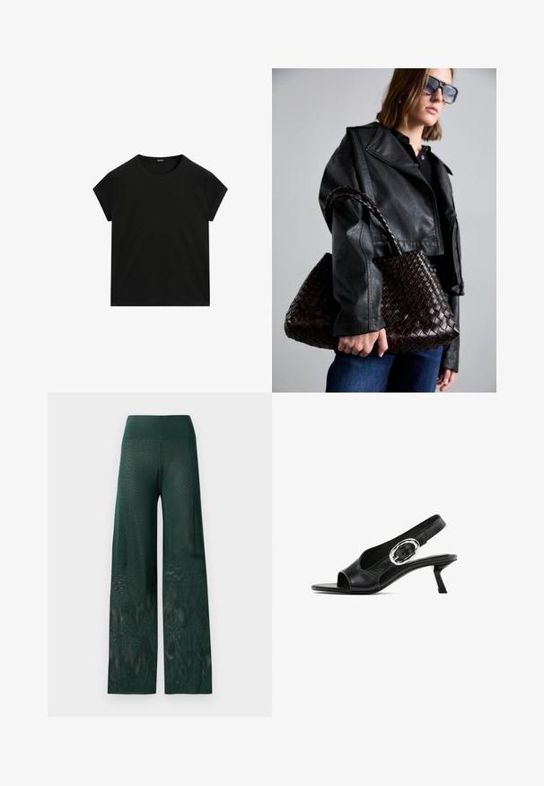 T-shirt noir à manches courtes, col rond, avec un ourlet droit, présenté à plat sur un fond blanc.; Pantalons larges verts en maille légère avec un motif en zigzag au niveau de l'ourlet. Présente une taille lisse pour plus de confort.; Chaussure slingback en cuir noir avec un bout ouvert, dotée d'une boucle ovale en argent sur la sangle et d'un talon aiguille fin. Texture lisse.; DRAGON DIFFUSION SANTA CROCE BIG - Sac à main - dark brown