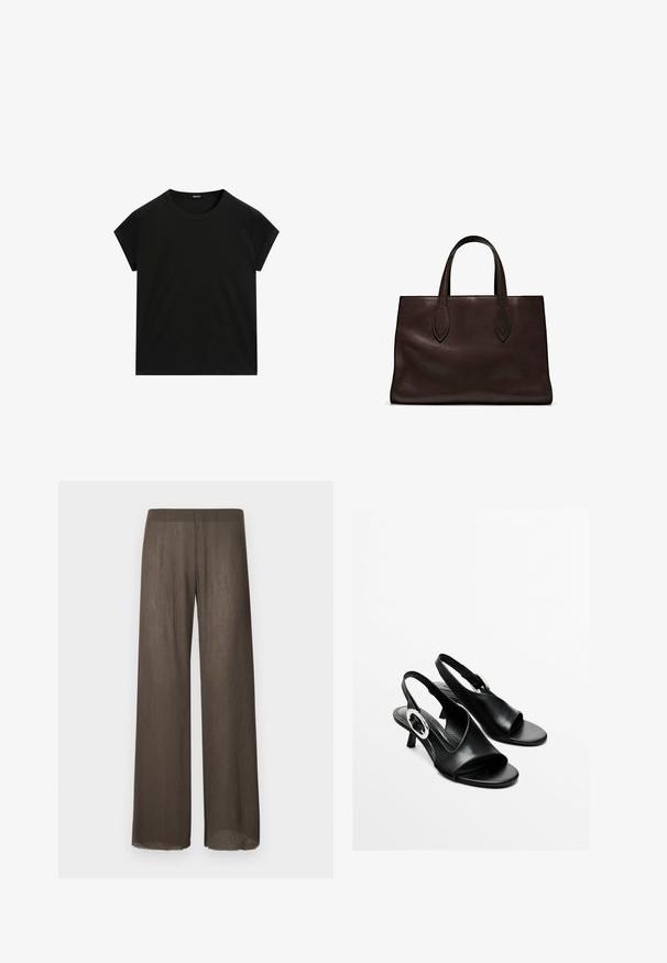 Black short-sleeve crew neck t-shirt with a straight hem, displayed flat on a white background.; Wide-leg trousers in a dark brown, lightweight, textured fabric with a soft drape. Features a minimalist design and raw hem detailing.; Black leather slingback sandals with an open toe, low heel, and silver circular hardware accent on the side. Smooth texture and simple design.; Brown leather tote bag with two elongated handles, structured rectangular shape, smooth texture, and subtle stitching details.