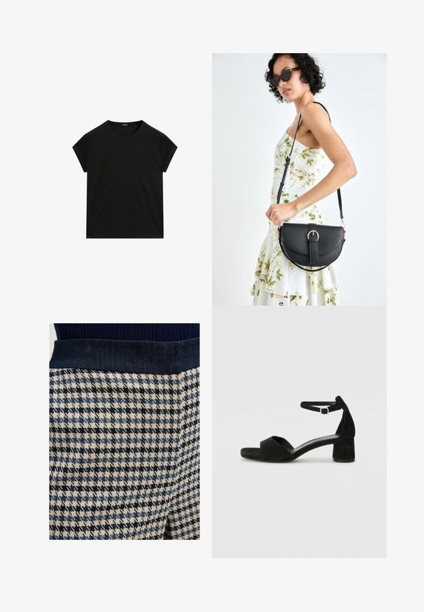 Černé tričko s krátkým rukávem a kulatým výstřihem s rovnými lemy, vystavené na bílé ploše.; Tkané kalhoty s vzorem houndstooth v námořnické modré a krémové barvě, s tmavě modrým pasem z denimu. Textura vypadá hladce a má strukturovaný tvar.; Černé sametové sandály na podpatku s tenkým řemínkem kolem kotníku, otevřenou špičkou a skromným blokovým podpatkem. Hladká textura a minimální akcenty.; Černá kožená kabelka s křivkovým tvarem, odnímatelným popruhem a zlatými detaily. Kabelka má klopu s přezkou.