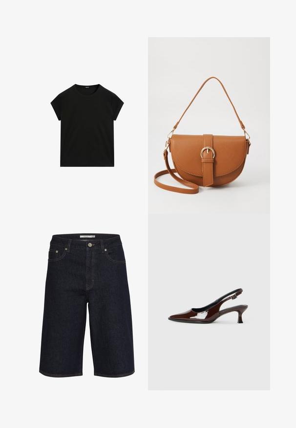 Svart kortärmad t-shirt med rund halsringning och rak fåll, visad liggande på en vit bakgrund.; Mörka denimshorts med medelhög midja, rak passform och kontrasterande orange sömmar. Har framfickor och knappstängning.; Brun lackläder slingback-sko med spetsig tå och en måttlig klack. Utrustad med en spännband för säker passform. Slät textur.; Brun läder crossbody-väska med en böjd form, gyllene detaljer och en spänneaccent. Har en avtagbar axelrem.