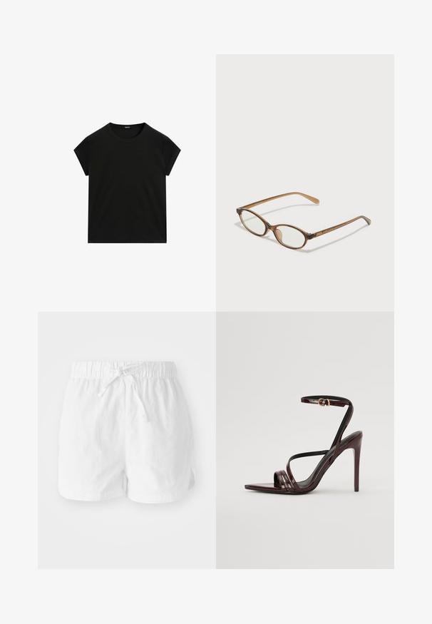 T-shirt noir à manches courtes, col rond, avec un ourlet droit, présenté à plat sur un fond blanc.; Shorts en coton blanc avec une taille élastique et un cordon de serrage ajustable. Dotés de fentes latérales pour plus de mobilité et d'une coupe décontractée.; Sandale à talons hauts en cuir verni bourgogne avec une bride de cheville, bout pointu et trois bandes horizontales sur le pied. Détail de boucle dorée.; Lunettes en écaille de tortue marron avec des verres ovales, des branches fines et des accents transparents. Présente un logo subtil sur la branche. Design élégant et léger.