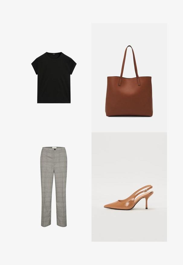 Schwarzes kurzärmeliges T-Shirt mit Rundhalsausschnitt und geradem Saum, flach auf einem weißen Hintergrund präsentiert.; Grau karierte Hose mit flachem Bund, Knopfverschluss und geradem Bein. Der Stoff hat eine glatte Textur mit einem klassischen Karomuster.; Spitz zulaufender Slingback-Absatz aus einem glatten, glänzenden, tanfarbenen Material. Mit einem geschwungenen Ausschnitt-Design und einem schlanken Stiletto-Absatz. Silberne Schnallendetails.; Braune Leder-Tote mit glatter Textur, offenem Oberteil und zwei Schulterriemen. Verfügt über minimale Nähte und keine sichtbaren Beschläge.