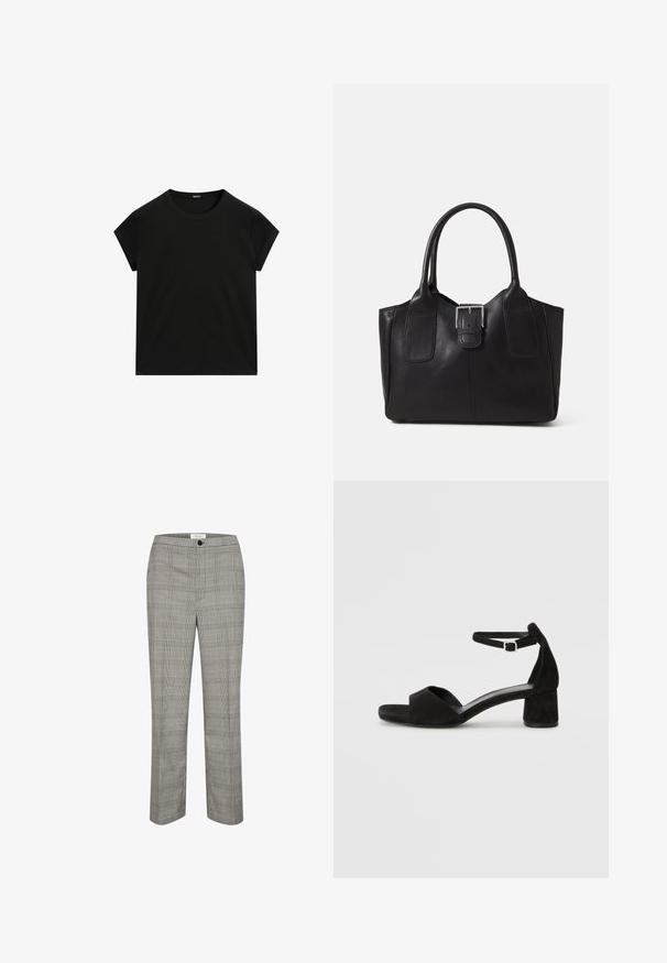 Schwarzes kurzärmeliges T-Shirt mit Rundhalsausschnitt und geradem Saum, flach auf einem weißen Hintergrund präsentiert.; Grau karierte Hose mit flachem Bund, Knopfverschluss und geradem Bein. Der Stoff hat eine glatte Textur mit einem klassischen Karomuster.; Schwarze Wildleder-Espadrilles mit einem dünnen Knöchelriemen, offener Zehenpartie und moderatem Blockabsatz. Glatte Textur und minimale Akzente.; Schwarze Leder-Tote mit glatter Textur, strukturiertem Design, zwei Griffen und einem auffälligen silbernen Schnallen-Detail auf der Vorderseite.