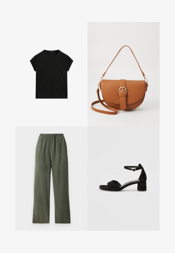 Czarna, krótka koszulka z okrągłym dekoltem i prostym dołem, wyeksponowana na płasko na białym tle.; Zielone, szerokie spodnie wykonane z miękkiego materiału z elastycznym pasem. Charakteryzują się gładką fakturą oraz prostym, minimalistycznym wzornictwem.; Czarne zamszowe sandały na obcasie z cienkim paskiem wokół kostki, otwartym noskiem i skromnym słupkowym obcasem. Gładka faktura i minimalne akcenty.; Brązowa skórzana torba na ramię o zaokrąglonym kształcie, ze złotymi akcentami i zapięciem w formie klamry. Posiada odpinany pasek na ramię.
