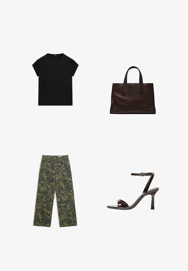 Svart kortärmad t-shirt med rund halsringning och rak fåll, visad liggande på en vit bakgrund.; Kamo vida byxor i mörkgrön och olivgrön, med ett lövmönster. Tillverkade av bomull med en klassisk femfickedesign och knappstängning.; Bruna lackläder högklackade sandaler med ankelrem, öppen tå och en elegant, minimalistisk design. Har en fyrkantig klack.; Brun läder tote-väska med två avlånga handtag, strukturerad rektangulär form, slät textur och subtila sömdetaljer.