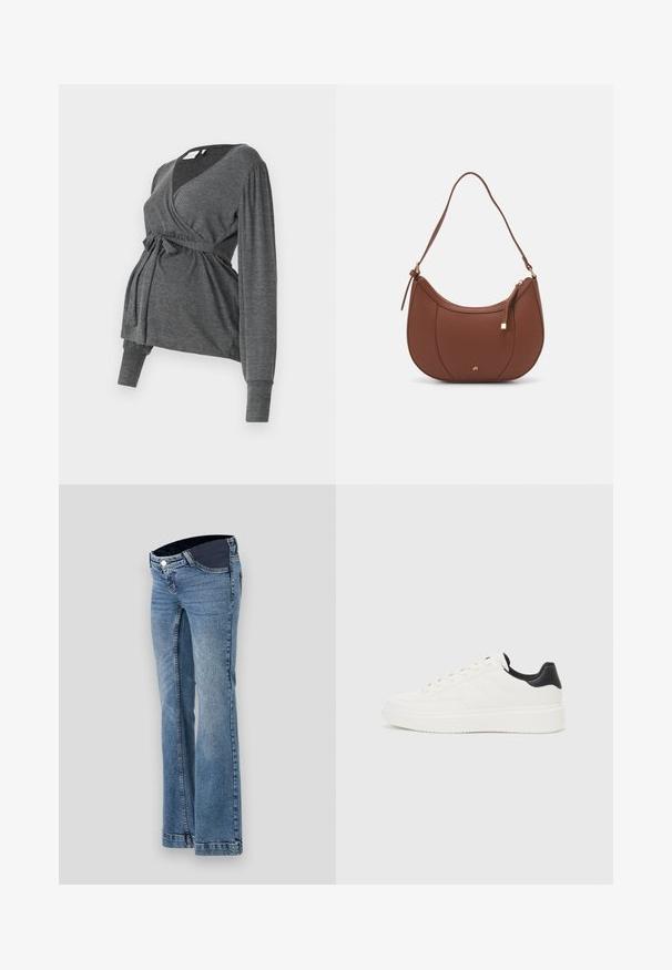 Pelēks, garām piedurknēm, apgriezts tops no mīksta materiāla, ar V veida kakla izgriezumu un jostu. Piedurknes ir ar vieglu pūkošanos.; Gai zila džinsu bikses ar paplašinātu kāju dizainu, ar tumšu jostasvietu un piecām kabatām, pabeigtas ar redzamām šuvju detaļām.; Baltas ādas sporta apavi ar iegravētu rakstu, strukturētu baltu starpzoli un melnu papēža akcentu. Iezīmējas ar apaļu purngali un plakaniem auklām.; Brūns mākslīgās ādas pleca soma ar izliekta forma, minimāls šuvums un zelta toņa aparatūras akcenti. Aprīkota ar augšējo rāvējslēdzēju un regulējamu siksnu.