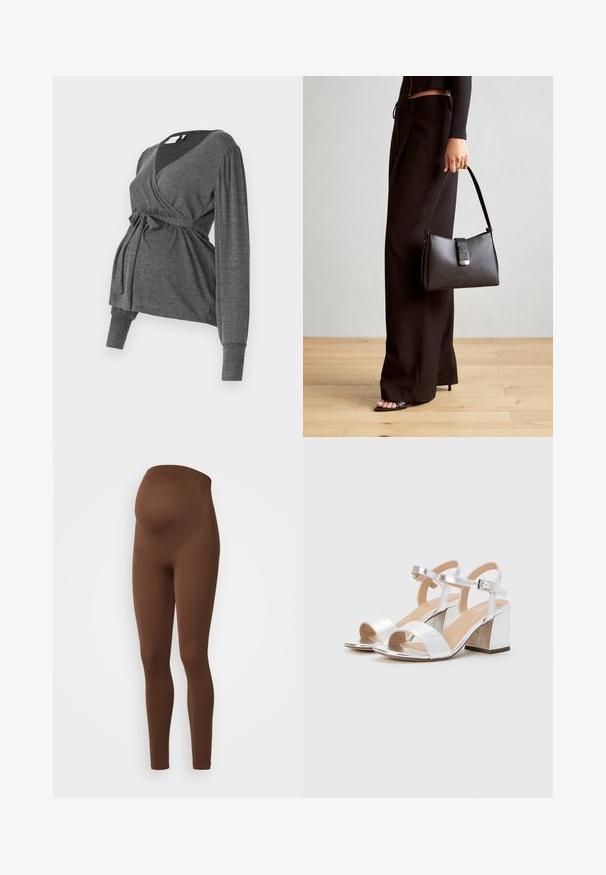 Grå, langermet innpakningsbluse laget av mykt materiale, med v-hals og knyttet midje. Ermene har en lett puffdetalj.; MAMALICIOUS MLTIA JEANNE - Leggings - pinecone; Sølv høyhælte sandaler med åpne tær, med to brede reimer og en rund blokkhelt. Glatt tekstur med metallisk finish.; Svart håndveske med strukturert form, jevn tekstur og metallisk lås. Kombinert med brede svarte bukser og sandaler med åpen tå på tregulv.
