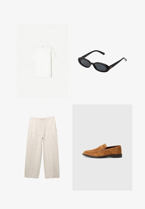 Weißes Baumwoll-T-Shirt, Rundhalsausschnitt, kurze Ärmel, lockere Passform, glatte Textur, keine sichtbaren Muster oder Akzente.; Leinenhosen in hellbeige, mit einem elastischen Bund und Zugkordel, weitem Beinansatz und seitlichen Taschen. Glatte Textur.; Braune Wildleder Slipper mit abgerundetem Zehenbereich, dekorativen Nähten, einem elastischen Band über dem Spann und einer flachen Gummisohle.; Schwarze, oversized Sonnenbrillen mit ovalen Gläsern, glattem Kunststoffrahmen und goldenen Akzenten an den Bügeln. Die dunklen Gläser bieten Sonnenschutz.