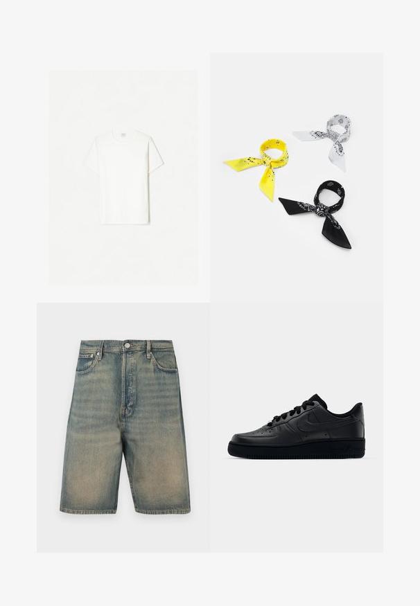 Biela bavlnená tričko, kulatý výstrih, krátke rukávy, voľný strih, hladká textúra, bez viditeľných vzorov alebo akcentov.; Džínové šortky, vyblednutá modrá farba, vysoký pás, štýl s piatimi vreckami, s kovovými doplnkami a viditeľnými švovými akcentmi.; Čierne tenisky Nike Air Force 1 s hladkým koženým zvrškom, perforovanou špičkou pre priedušnosť, čiernymi šnúrkami a textúrovanou gumovou podrážkou.; Tri zástery: jedna žltá s čiernymi vzormi, jedna biela s čiernymi dizajnmi a jedna čierna s bielou grafikou. Všetky sú štvorcové, z ľahkej látky.