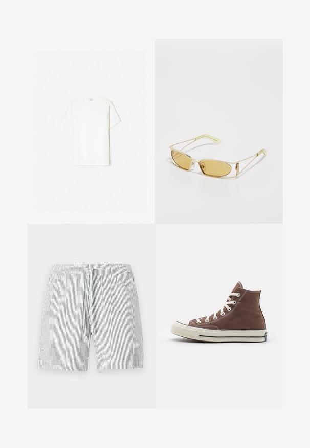 White cotton T-shirt, crew neck, short sleeves, relaxed fit, smooth texture, no visible patterns or accents.; Striped swim shorts in gray and white, featuring a drawstring waistband, mid-length design, and soft, lightweight material.; High-top brown canvas sneaker with white laces, rubber toe cap, and black stripe on the sole. Features white stitching and classic design.; Yellow-tinted sunglasses with a translucent gold frame, slim rectangular shape, and angular arms with light green accents.