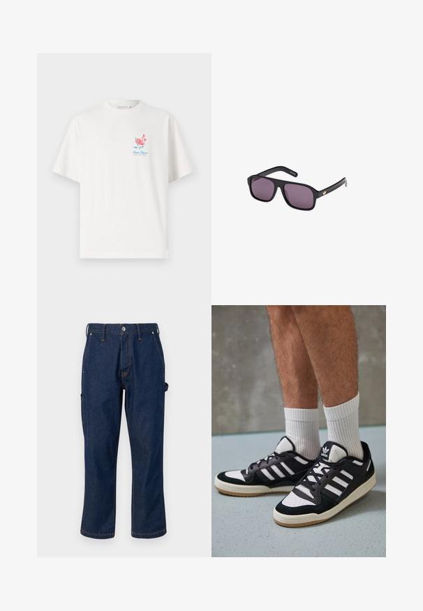 Valkoinen puuvillateepaita, jossa on pyöreä kaula-aukko ja lyhyet hihat. Paidassa on värikäs kukkakuosi ja "Saint Tropez" -teksti rinnassa.; Tummansinisiä farkkuhousuja, joissa on suora lahkeensuun malli. Housuissa on erottuva oranssi ommel ja sivutaskut, jotka on kiinnitetty metallinappilla.; Valkoiset ja mustat tennarit, joissa on mokkanahka- ja nahkapäällinen, kolme valkoista raitaa, rei'itetty kärki ja kumipohja.; Mustat aurinkolasit neliömäisellä kehykellä, tummilla linsseillä ja kultaisella logovivahteella varressa. Sileä muovimateriaali, jossa on mattapinta.