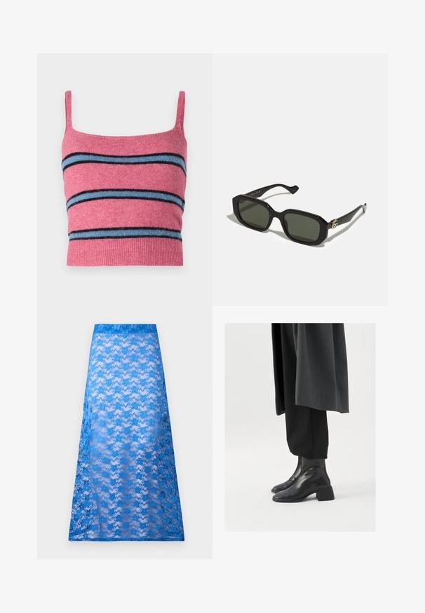 Samsøe Samsøe NOURA - Topp - rose wine; Sinine pitsist maxi seelik, millel on läbipropa tekstuur, lilleline muster ja ühtlane sinine vöökoht. Voogab sujuvalt puusadest allapoole.; Mustad nahast pahkluu saapad, millel on ruudukujuline varvas ja paks konts, kantud lohakate mustade pükste ja tumeda halli mantliga. Sile pinnatekstuur.; Mustad mustad sirgud prillid, millel on ühtlase rohelise läätsed, sätendav viimistlus ja kuldne logo aktsent külgadel.