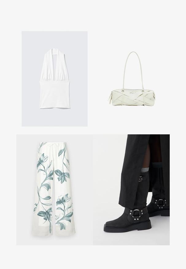 Top bianco senza maniche con scollatura a V profonda e dettaglio arricciato in vita. Realizzato in un tessuto liscio, presenta una texture morbida e un design minimalista.; Pantaloni a vita alta e gamba larga in tessuto bianco con motivi floreali blu. Vita elastica con laccetto, texture liscia, design casual.; Stivaletti neri alla caviglia in pelle con finitura opaca, punta quadrata e fibbie decorative. La suola è robusta e texture.; Borsa a tracolla in pelle bianca con texture intrecciata, tracolla lunga, chiusura con zip e logo decorativo. Presenta dettagli con frange alle estremità.