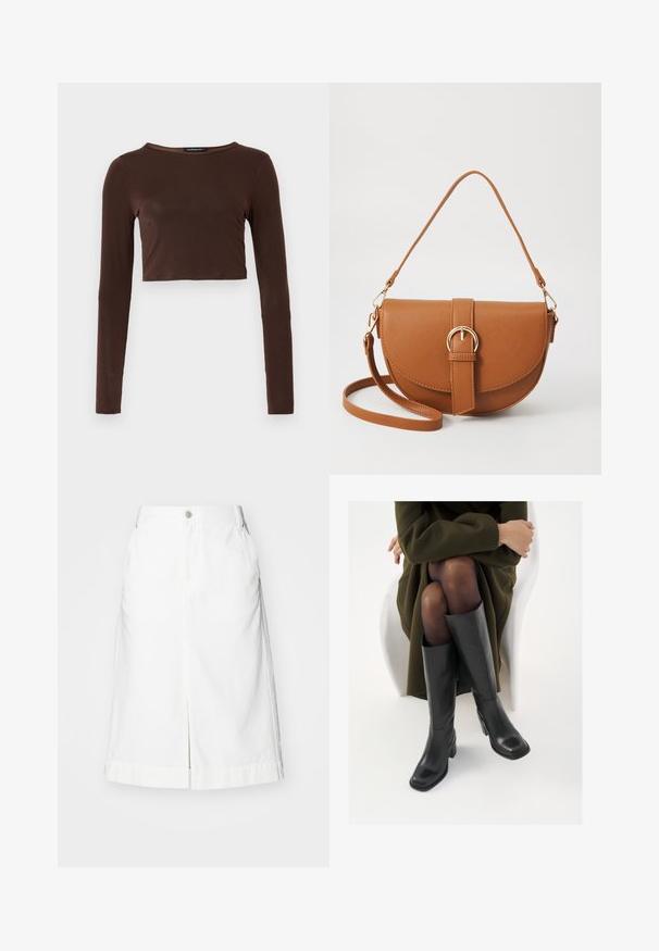 Rjava dolga majica s cropped dizajnom, izdelana iz gladkega materiala, z zaobljenim izrezom in prileganjem. Brez vidnih vzorcev ali poudarkov.; Bela denim krila z ravnim krojem, sprednjim razporkom in enojnim kovinskim gumbnim zapiranjem na pasu. Vključuje stranske žepke in prilagojen rob.; Črne usnjene čevlje do kolen s kvadratnim prstom in blok peto, prikazani na modelu, ki sedi v olivno zeleni plašču. Gladka tekstura, minimalne podrobnosti.; Rjava usnjena torbica prek telesa s ukrivljeno obliko, zlate opreme in sponko. Ima odstranljiv naramni trak.