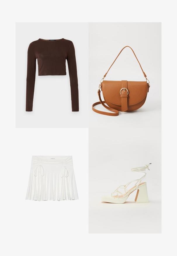 Brauner, langärmeliger, verkürzter Oberteil aus glattem Material mit einem runden Ausschnitt und figurbetontem Design. Keine sichtbaren Muster oder Akzente.; Weißer, ausgestellter Rock aus weichem Material, mit gerafften Seitenansätzen und verstellbaren Bändern, die eine fließende Silhouette erzeugen.; Weiße High-Heel-Sandale mit einem klobigen Absatz, die über ein Riemchendesign und ein Knöchelband verfügt. Glatte Textur mit einer Plattform vorne für zusätzliche Höhe.; Braune Leder-Crossbody-Tasche mit geschwungener Form, goldfarbenen Beschlägen und einer Schnallenakzentuierung. Verfügt über einen abnehmbaren Schultergurt.
