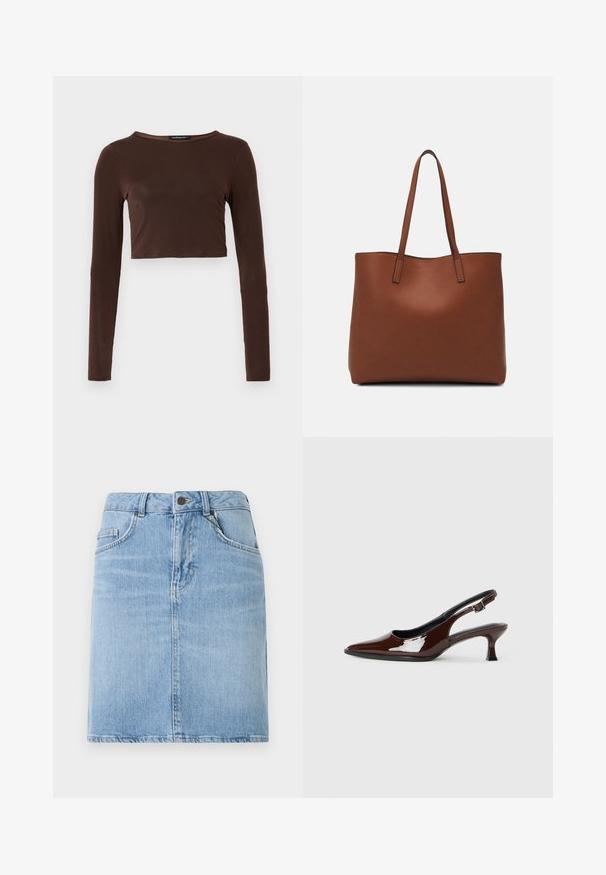 Top croppé à manches longues marron, fabriqué dans un matériau lisse, avec un col rond et une coupe près du corps. Pas de motifs ou d'accents visibles.; Jupe en denim bleu clair à coupe droite, dotée de poches avant et d'une fermeture à boutons. Fini texturé avec un léger délavage.; Chaussure slingback en cuir verni marron avec un bout pointu et un talon modéré. Elle est dotée d'une sangle à boucle pour un ajustement sécuritaire. Texture lisse.; Sac fourre-tout en cuir marron avec une texture lisse, design à ouverture supérieure et deux poignées pour le porter à l'épaule. Présente des coutures minimales et aucun matériel visible.