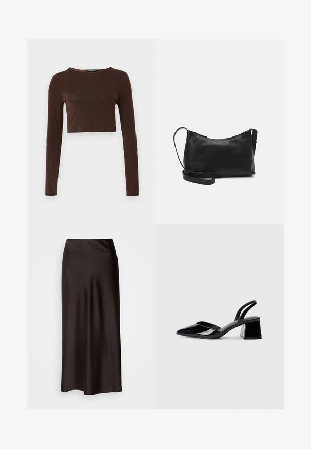 Ruskea pitkähihainen lyhyt toppi, joka on valmistettu sileästä materiaalista, ja siinä on pyöreä pääntie sekä vartalonmyötäinen muotoilu. Ei näkyviä kuvioita tai yksityiskohtia.; Lindex MARIA - A-linjainen hame - dark brown; Mustat patentoitu nahkakengät, joissa on säären takaosa ja terävä kärki, sekä geometrinen palikkakorko. Sisältää tyylikkään, minimalistisen muotoilun ja sileän pinnan.; Musta nahkainen olkalaukku, jossa on sileä pinta, kaareva muoto, säädettävä hihna ja vetoketjukiinnitys. Minimalistinen muotoilu ilman koristeita.