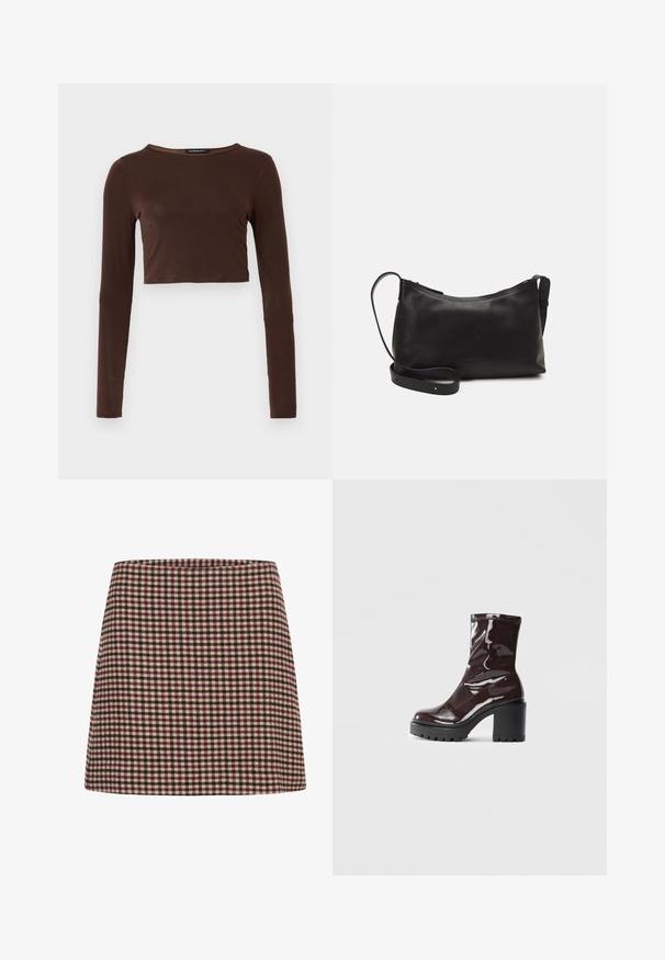 Pruun pikkade varrukatega lühike topp, mis on valmistatud siledast materjalist, ümara kaelusega ja kehaääristava disainiga. Ilma nähtavate mustrite või aktsentideta.; Punane ja kreemjas ruuduline mini-seelik, millel on sirge siluett ja tekstuuriga kangas. Ilma nähtavate kinnituste või kaunistusteta.; Klakav läikiv burgundi värvi pahkluu saabas, millel on paks must konts, sile tekstuur ja lihtne disain. Nähtavad kinnitused või mustrid puuduvad.; Mustmust nahk õlakotil on sile tekstuur, kumer kuju, reguleeritav rihm ja lukuga sulgemine. Minimalistlik disain ilma kaunistusteta.