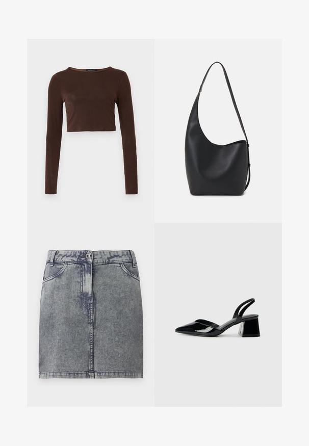 Barna, hosszú ujjú, rövid fazonú felső sima anyagból, kerek nyakkivágással és testhez simuló kialakítással. Nincs látható minta vagy díszítés.; Szürke farmer mini szoknya, elhalványított mosással, elülső zsebekkel, gombos záródással és egyenes szabással. Texturált anyag.; Fekete lakk bőr szandálkés magas sarkú cipő, hegyes orral és geometrikus tömbsarkakkal. Karcsú, minimalista dizájn és sima textúra jellemzi.; Fekete bőr hobo táska sima textúrával, ívelt formával és egyetlen állítható pánttal; széles nyílás található a tetején.