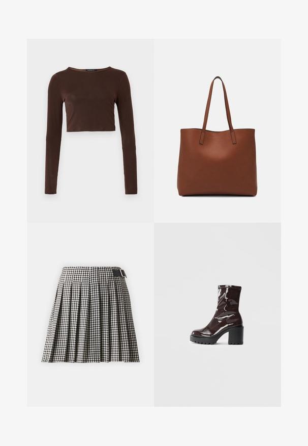 Barna, hosszú ujjú, rövid fazonú felső sima anyagból, kerek nyakkivágással és testhez simuló kialakítással. Nincs látható minta vagy díszítés.; Fekete-fehér kockás plisszírozott szoknya lapos derékkal, fekete övvel, ezüstcsattal. Könnyű anyagból készült.; Fényes bordó bokacsizma vastag fekete sarokkal, sima felülettel és egyszerű dizájnnal. Nincsenek látható zárak vagy minták.; Barna bőr vászontáska sima textúrával, nyitott tetejű dizájnnal és két vállpánttal. Minimális varrással és látható hardver nélkül készült.