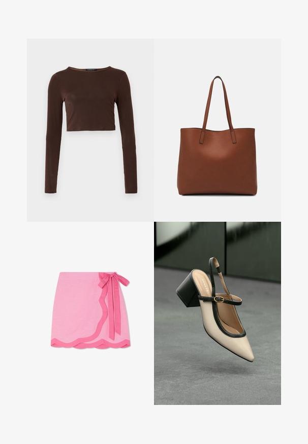 Rjava dolga majica s cropped dizajnom, izdelana iz gladkega materiala, z zaobljenim izrezom in prileganjem. Brez vidnih vzorcev ali poudarkov.; Roza lanena obleka z valovitim robom, ki ima kontrastno temnejšo roza kravato v pasu in gladko teksturo.; Bežna slingback čevlja z uskim sprednjim delom, črnimi detajli, zlatim zaponko in debelim blokovskim peto na sivi tleh s temno zeleno ozadje.; Rjava usnjena torba z gladko teksturo, odprto zasnovo zgoraj in dvema naramnima trakovoma. Opremljena je z minimalnim šivanjem in brez vidnih kovinskih delov.