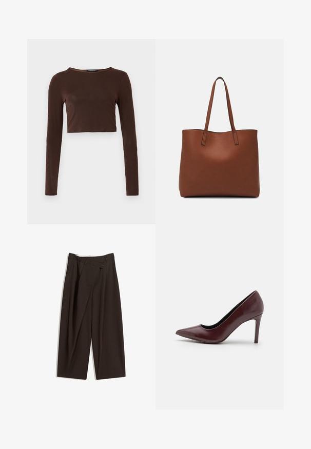 Brauner, langärmeliger, verkürzter Oberteil aus glattem Material mit einem runden Ausschnitt und figurbetontem Design. Keine sichtbaren Muster oder Akzente.; Dunkelbraune, weite Hosen mit hohem Bund, die über einen einzigen Knopfverschluss und eine gefaltete Vorderseite verfügen. Hergestellt aus leichtem Stoff.; Burgunderfarbenes Leder-Pumpschuh mit spitzer Zehenform, glatter Textur und dünnem Stiletto-Absatz. Elegante Silhouette mit minimalen Design-Details.; Braune Leder-Tote mit glatter Textur, offenem Oberteil und zwei Schulterriemen. Verfügt über minimale Nähte und keine sichtbaren Beschläge.