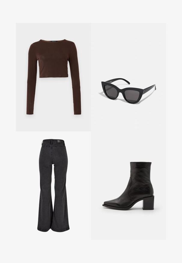 Barna, hosszú ujjú, rövid fazonú felső sima anyagból, kerek nyakkivágással és testhez simuló kialakítással. Nincs látható minta vagy díszítés.; Fekete, flared farmernadrág sima textúrával, magas derékkal és a hátán elhelyezett márkás folttal. Széles lábú kialakítású, megerősített varrással.; Fekete bőr bokacsizma négyzet alakú orral és blokk sarkával. A dizájn sima felületű és minimális varrási részletekkel rendelkezik.; Fekete macskaszem napszemüveg matt felülettel, szürke árnyalatú lencsékkel, éles vonalakkal és karcsú oldalsó karokkal. A márkaneve látható a belső karon.
