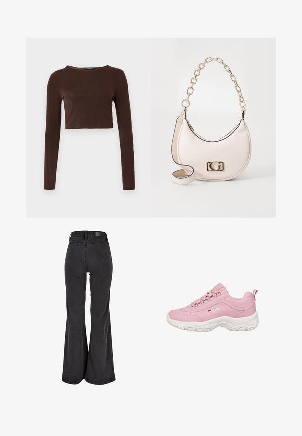 Rudas ilgomis rankovėmis trumpas viršus, pagamintas iš lygios medžiagos, turi apvalų kaklą ir priglundantį dizainą. Jokios matomos raštų ar akcentų.; Juodieji platūs džinsai su lygiu tekstūru, aukštu liemeniu ir užrašyto logotipo pleistru nugaroje. Turi platų kojų dizainą, sustiprintus siūlus.; Rožiniai sportbačiai su glotnia sintetine viršutine dalimi, balta guma padų, raištelių užsegimu ir FILA logotipu šone. Savybė - kilpa ant kulno.; Rožinė tekstūruota odinė rankinė su auksine grandinėlės dirželiu, apvalios formos ir su auksiniu logotipo akcentu priekyje. Yra papildomas peties diržas.