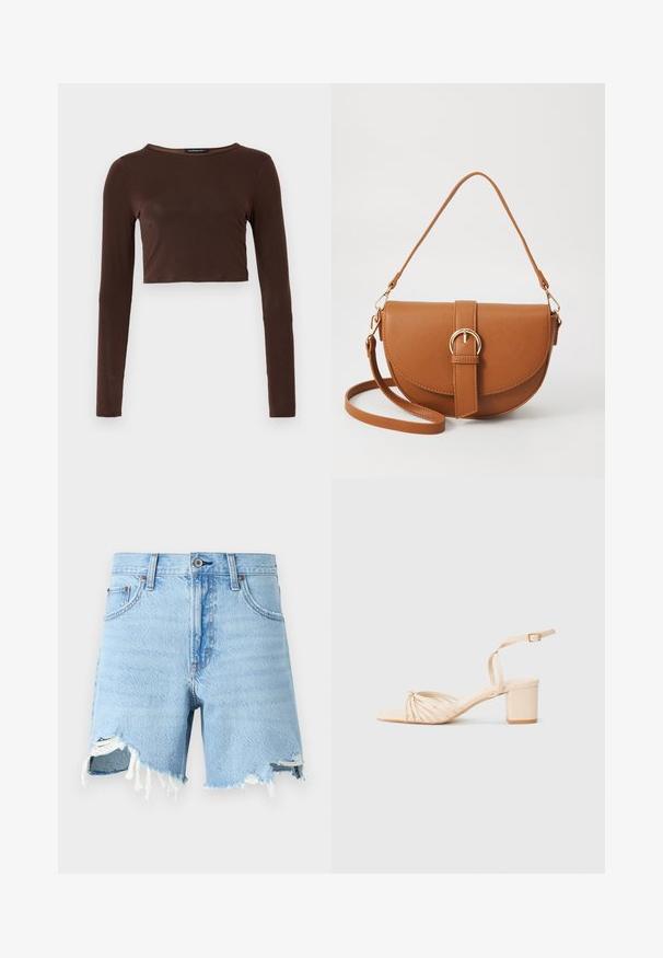 Bruine langarm cropped top gemaakt van een glad materiaal, met een ronde halslijn en een aansluitend ontwerp. Geen zichtbare patronen of accenten.; Lichtblauwe denim shorts met een klassiek vijf-pocket ontwerp, rafelige zoom en versleten details aan de voorkant.; Beige sandaal met hakken, met een vierkante neus, gedraaide voorkant, enkelband en blokhak. Gladde textuur, minimalistische stijl.; Bruine leren schoudertas met een gebogen vorm, gouden hardware en een gespaccent. Bevat een afneembare schouderriem.