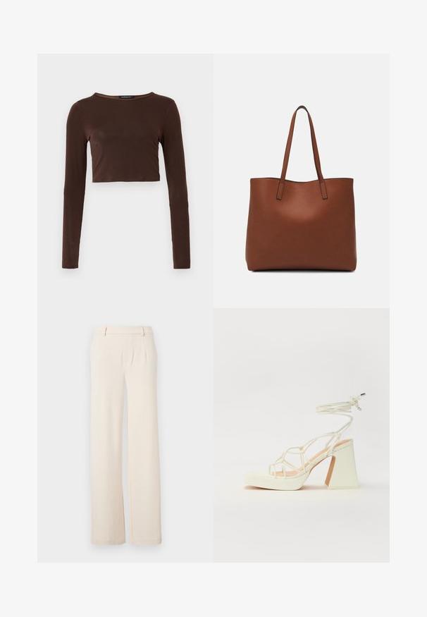 Top croppé à manches longues marron, fabriqué dans un matériau lisse, avec un col rond et une coupe près du corps. Pas de motifs ou d'accents visibles.; Pantalons larges de couleur beige clair avec plis avant, texture lisse et poches latérales. Fabriqués dans un tissu doux avec un design ajusté.; Sandale blanche à talons hauts avec un talon épais, présentant un design à lanières et un lien autour de la cheville. Texture lisse avec une plateforme à l'avant pour une hauteur supplémentaire.; Sac fourre-tout en cuir marron avec une texture lisse, design à ouverture supérieure et deux poignées pour le porter à l'épaule. Présente des coutures minimales et aucun matériel visible.