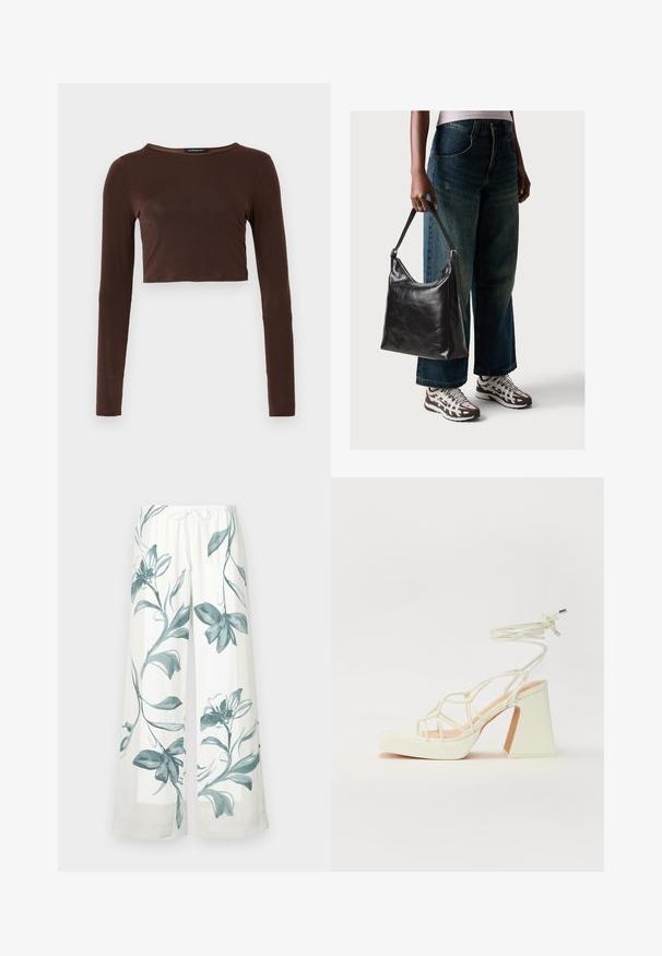 Bruine langarm cropped top gemaakt van een glad materiaal, met een ronde halslijn en een aansluitend ontwerp. Geen zichtbare patronen of accenten.; Hoogwaardige, wijde broek in witte stof met blauwe bloemenpatronen. Elastische tailleband met een strik, gladde textuur, casual ontwerp.; Witte hoge hakken sandaal met een chunky hak, met een bandjesontwerp en enkelband. Gladde textuur met een plateau voor extra hoogte.; Zwarte leren schoudertas met een gladde textuur en een verstelbare strap, gecombineerd met vervaagde wijde jeans en sportieve sneakers.