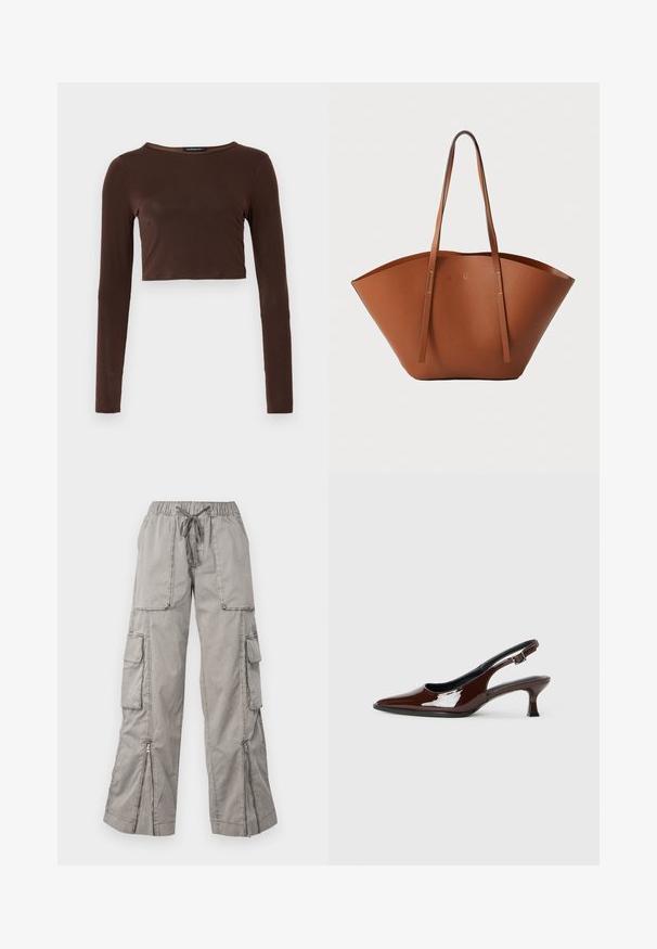 Rjava dolga majica s cropped dizajnom, izdelana iz gladkega materiala, z zaobljenim izrezom in prileganjem. Brez vidnih vzorcev ali poudarkov.; Svetlo sivi cargo hlače z elastičnim pasom, nastavljivim trakom, več stranskimi žepi in zadrgo na robovih. Narejene so iz mehke, lahke tkanine.; Rjavi lakirani slingback čevelj z ostro konico in zmerno peto. Ima zaponko za varno prileganje. Gladka tekstura.; Rjava usnjena torba tote z široko, strukturirano obliko, tankimi ročaji in teksturirano površino. Opremljena je z minimalističnim oblikovanjem brez vidne opreme.