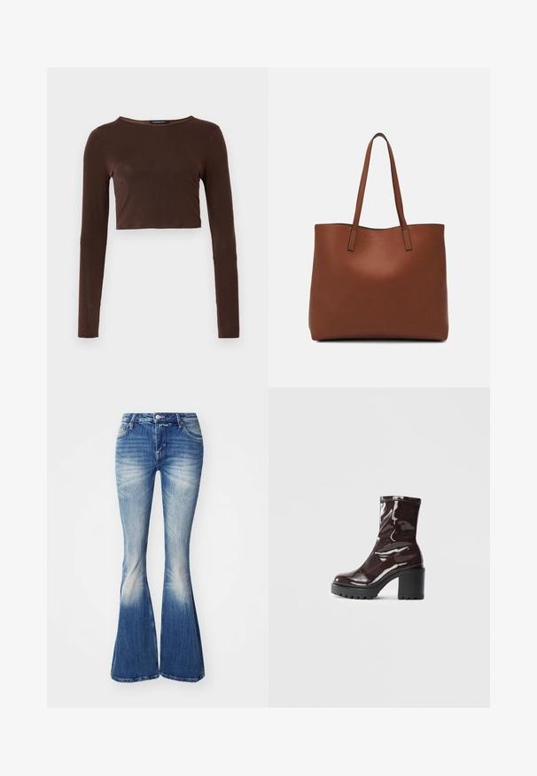 Brązowy, długi rękaw, krótki top wykonany z gładkiego materiału, z okrągłym dekoltem i dopasowanym krojem. Brak widocznych wzorów lub akcentów.; Niebieskie dżinsy w fasonie dzwonów z denimu o przetartym wykończeniu. Wśród cech wyróżniających znajdują się dopasowana talia, pięć kieszeni oraz lekkie przetarcia na brzegach.; Błyszczące bordowe botki za kostkę z masywną czarną obcasem, charakteryzujące się gładką teksturą i prostym wzornictwem. Brak widocznych zapięć lub wzorów.; Brązowa skórzana torba tote o gładkiej fakturze, z otwartym wierzchem i dwoma ramiączkami. Charakteryzuje się minimalnym przeszyciem i brakiem widocznych elementów metalowych.