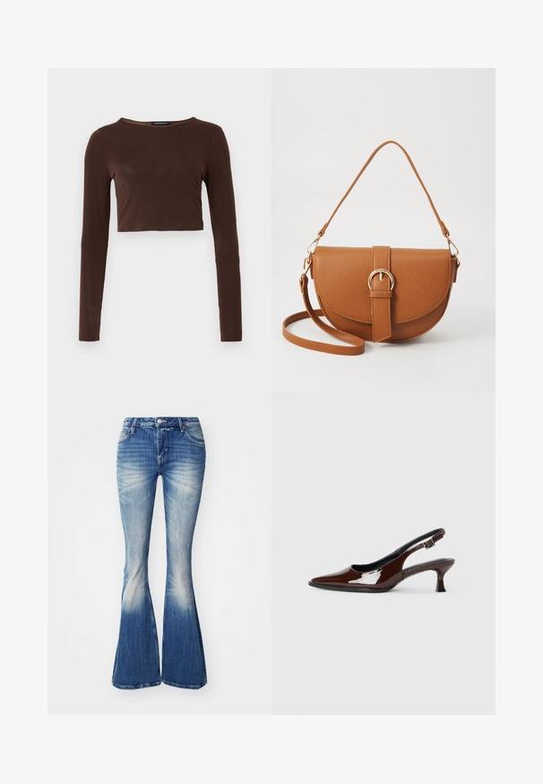 Top scurt, maro, cu mâneci lungi, realizat dintr-un material neted, având un guler rotund și un design ajustat. Fără modele sau accente vizibile.; Jeans bleumarin evazați realizați din denim cu un efect de decolorare. Caracteristici: talie ajustată, design cu cinci buzunare și ușoară deteriorare la tivuri.; Pantofii slingback din piele patent maro, cu vârful ascuțit și un toc moderat. Prezintă o curea cu prindere pentru o potrivire sigură. Textură netedă.; Geantă din piele maro, tip crossbody, cu o formă curbată, accesorii aurii și un accent cu cataramă. Dispune de un curea de umăr detașabilă.