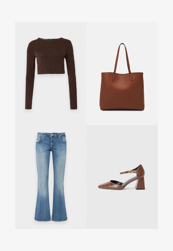 Brown long-sleeve cropped top made of smooth material, featuring a rounded neckline and form-fitting design. No visible patterns or accents.; LTB ROXY - Flared Jeans - vicky wash; Brown patent leather pump with a square toe, textured croc pattern, ankle strap with gold buckle, and a chunky heel.; Brown leather tote bag with a smooth texture, open top design, and two shoulder straps. Features minimal stitching and no visible hardware.