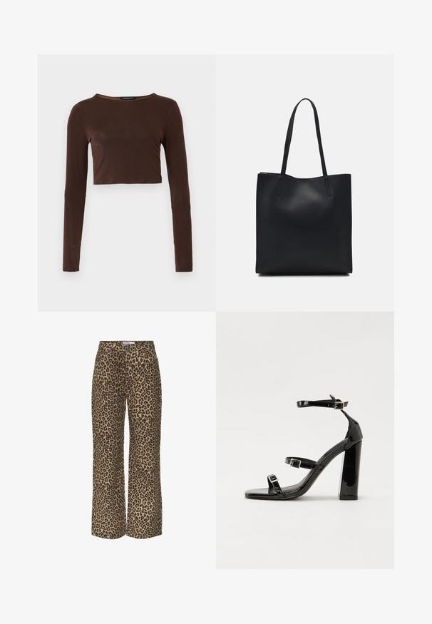 Brūns garo piedurknu kropts topiņš, izgatavots no gludas materiāla, ar apaļu kakla izgriezumu un pieguļošu dizainu. Nav redzamu rakstu vai akcentu.; Leoparda raksta platās bikses smilškrāsā un melnā krāsu shēmā, ar klasisku jostasvietu un brīvu, ikdienišķu piegriezumu.; Melnas lakotas augstpapēžu čības ar kvadrāta purngalu, potīšu siksniņām un sudraba sprādzēm. Aprīkotas ar masīvu bloku papēdi stabilitātei.; Melnas ādas somiņa ar gludu tekstūru, taisnstūra formu un divām garām rokturiem. Nav redzamu aparatūras vai rotājumu.