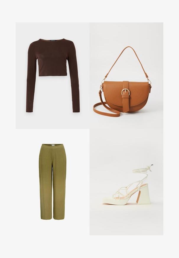 Rudas ilgomis rankovėmis trumpas viršus, pagamintas iš lygios medžiagos, turi apvalų kaklą ir priglundantį dizainą. Jokios matomos raštų ar akcentų.; Alyvuogių spalvos plačiagyvėjai kelnių. pagaminti iš tekstūruotos medžiagos, su elastingu juosmeniu, pasižymi lygiu paviršiumi ir nematomais detaliais.; Balti aukštakulniai sandalai su masyviu kulnu, su dirželių dizainu ir kulkšnies raiščiu. Lygi tekstūra su platforma priekyje, suteikianti papildomą aukštį.; Ruda odinė kryžminė rankinė, turinti kreivą formą, auksinius metalinius elementus ir sagtį. Yra nuimama petneša.