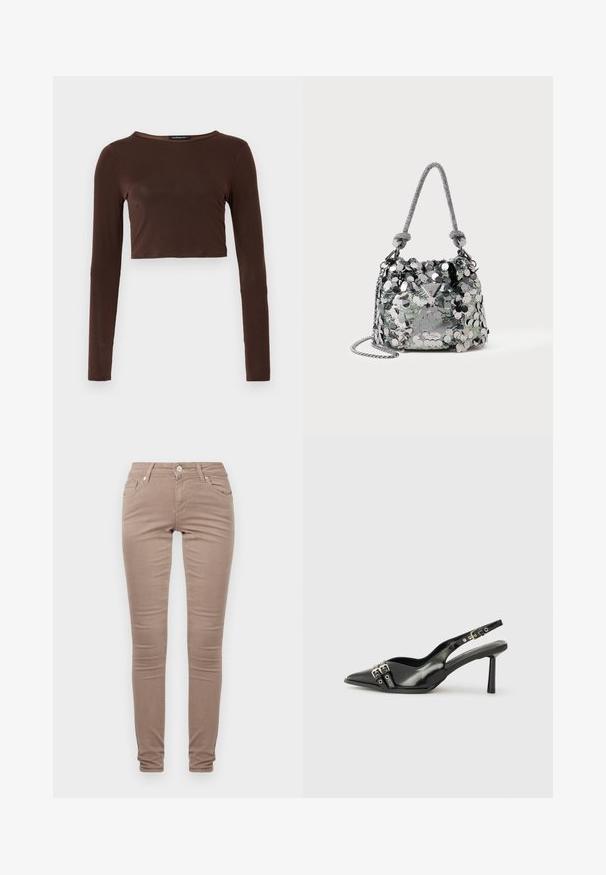 Top corto marrone a maniche lunghe realizzato in materiale liscio, con scollo rotondo e design aderente. Senza motivi o dettagli visibili.; Pantaloni skinny in un tessuto marrone chiaro, con un classico design a cinque tasche, zip frontale e una finitura leggermente strutturata.; Scarpa slingback in vernice nera con punta affusolata, cinturini alla caviglia con fibbie in argento e accessori, e tacco sottile.; Piccola borsa argentata decorata con grandi paillette, con manico annodato e tracolla a catena, che presenta il logo del marchio Guess sulla parte frontale.; Orecchini in tono oro caratterizzati da forme ondulate eTexture. Comprendono chiusure clip-on scultoree e un design a cerchio aperto con finitura martellata.